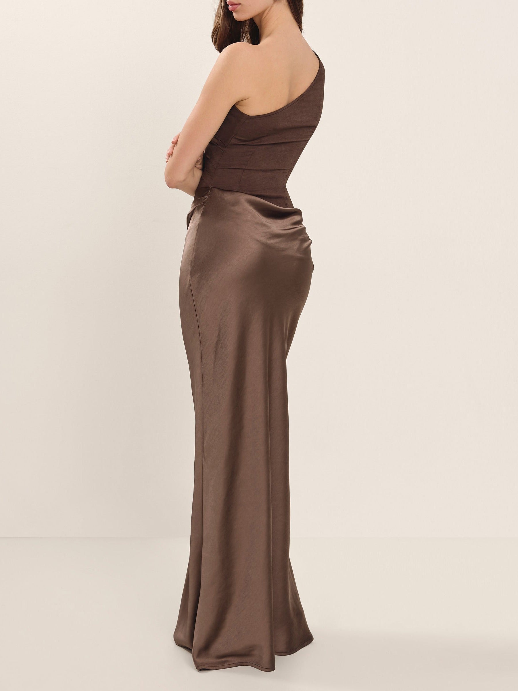 Isabella – One Shoulder Chocolate Brown Satin Evening Maxi Dress