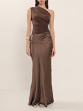 Isabella – One Shoulder Chocolate Brown Satin Evening Maxi Dress