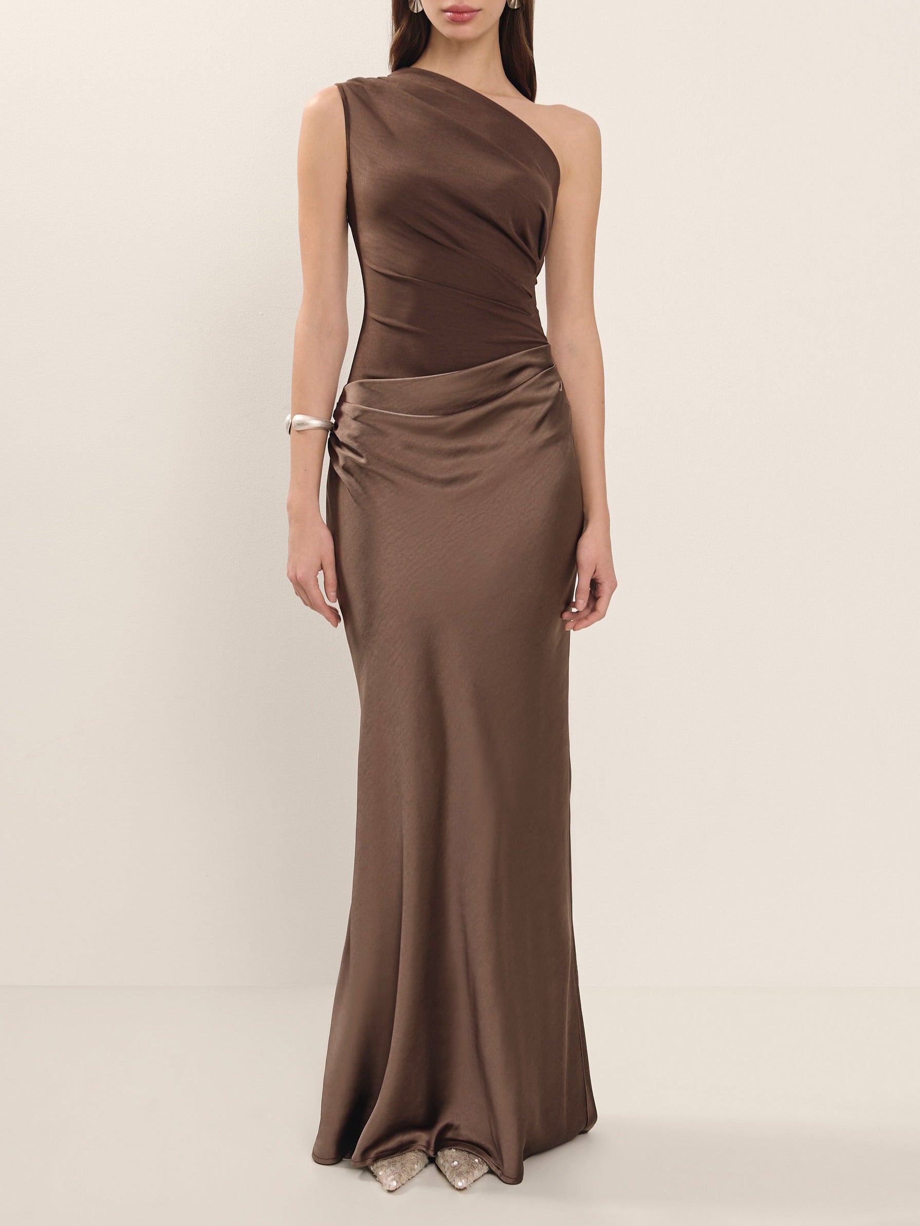 Isabella – One Shoulder Chocolate Brown Satin Evening Maxi Dress