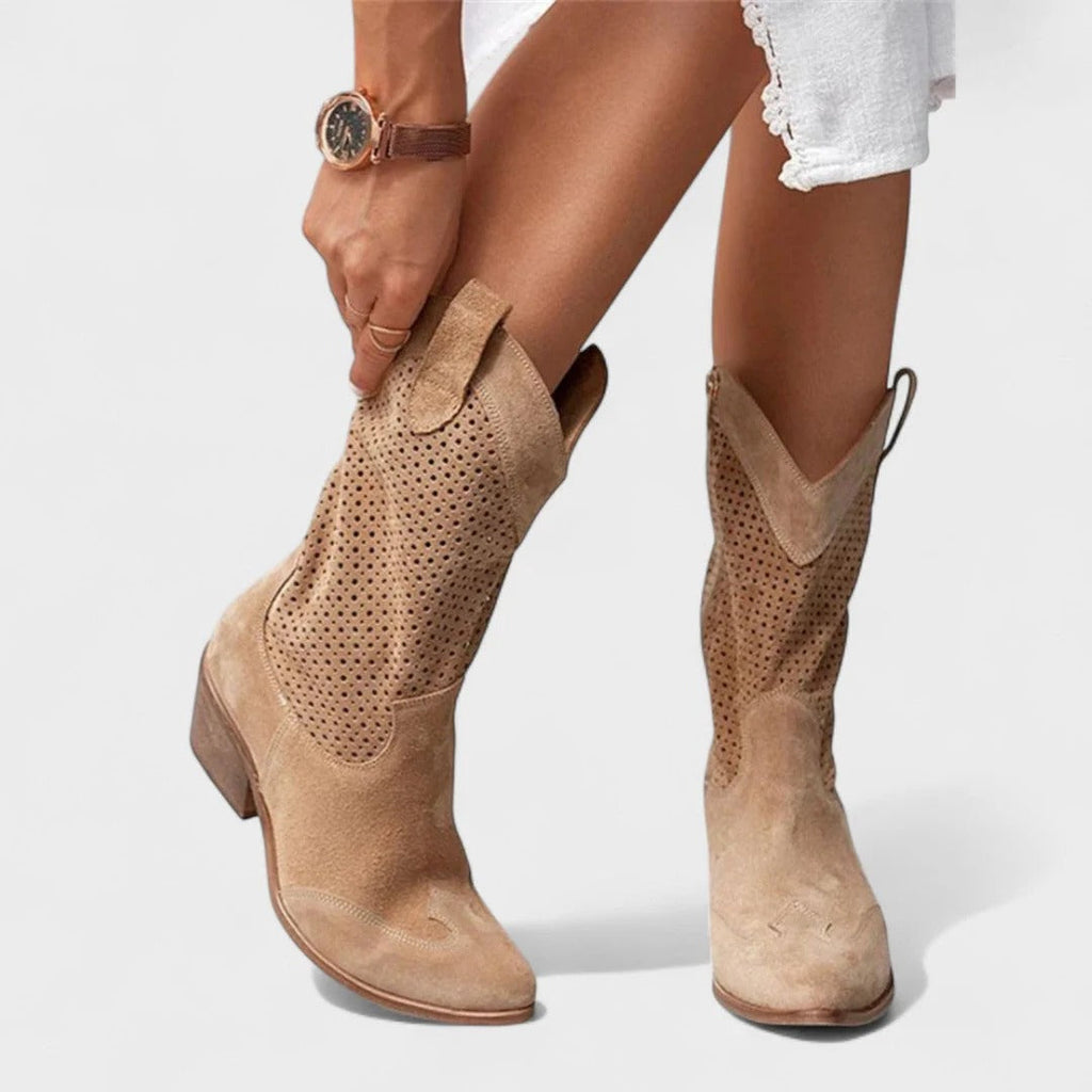 Women's Western-style boots with block heel + stylish perforated design | L&S - 2 - London-stylehouse.com