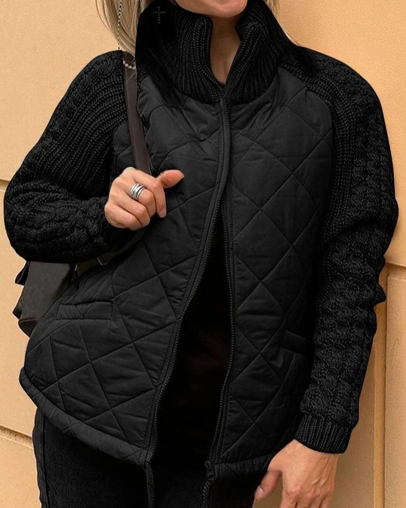 Women's quilted jacket with a high collar and textured sleeves | L&S - 2 - London-stylehouse.com
