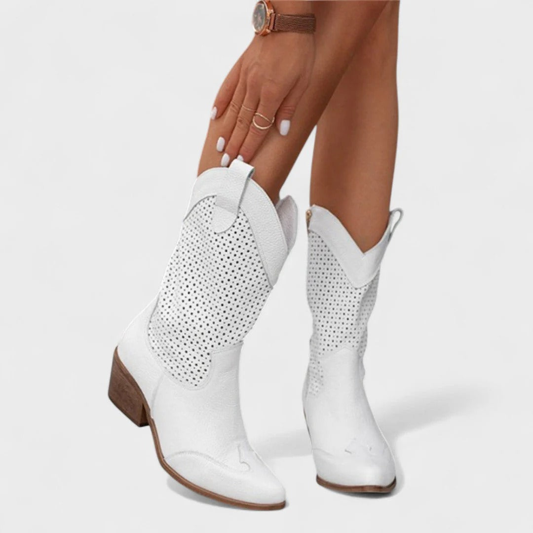 Women's Western-style boots with block heel + stylish perforated design | L&S - 3 - London-stylehouse.com