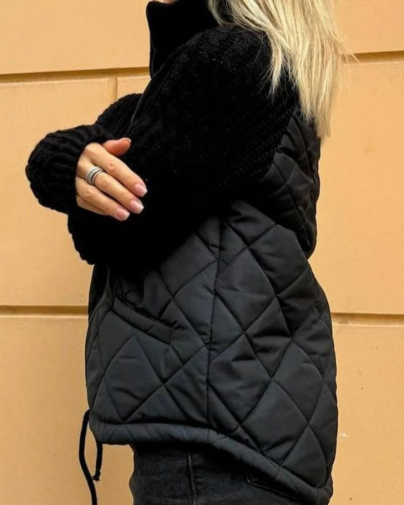 Women's quilted jacket with a high collar and textured sleeves | L&S - 6 - London-stylehouse.com