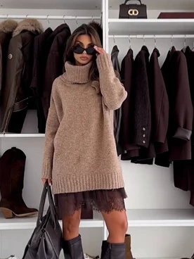 Oversized Women's Roll Neck Jumper with Lace Detail | L&S - 2 - London-stylehouse.com