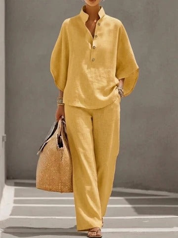 Two-Piece Set Women's with Stand-Up Collar Top and Wide-Leg Trousers | L&S - 7 - London-stylehouse.com