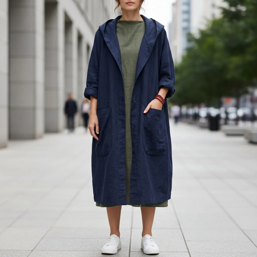 Women's long utility jacket with hood and pockets | L&S - 2 - London-stylehouse.com