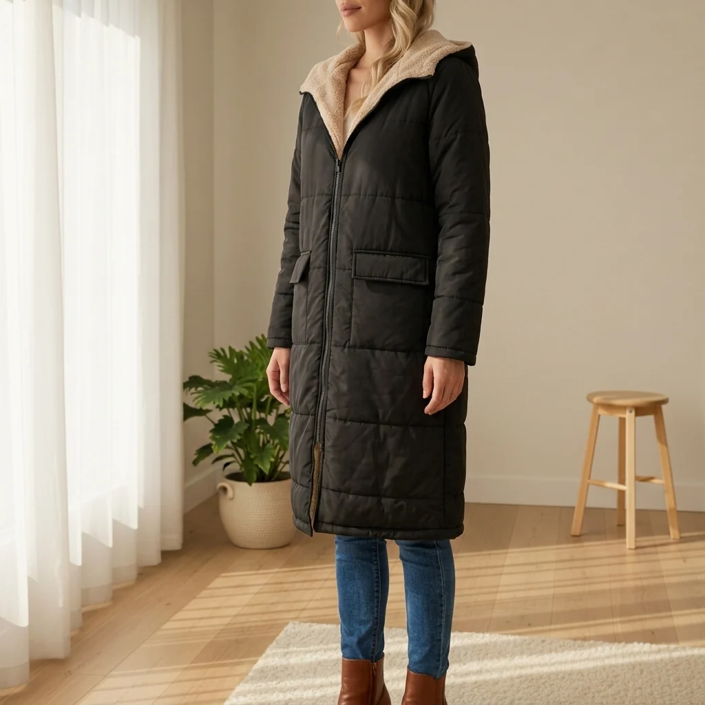 Long women's puffer jacket with hood and cosy fleece lining | L&S - 13 - London-stylehouse.com