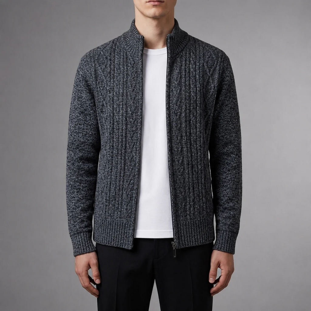 Men's Cable Knit Jacket with Stand-Up Collar | L&S - 3 - London-stylehouse.com