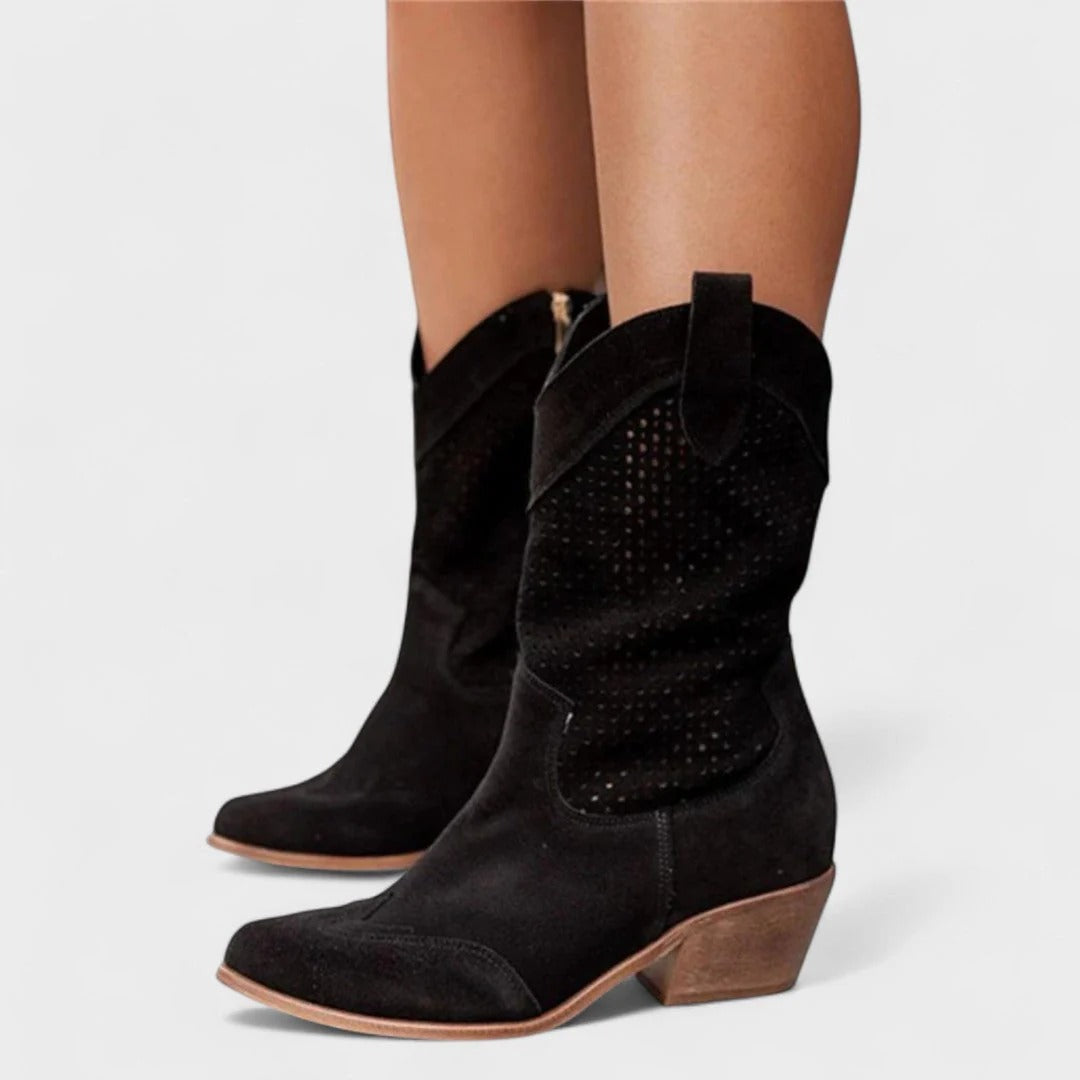 Women's Western-style boots with block heel + stylish perforated design | L&S - 4 - London-stylehouse.com