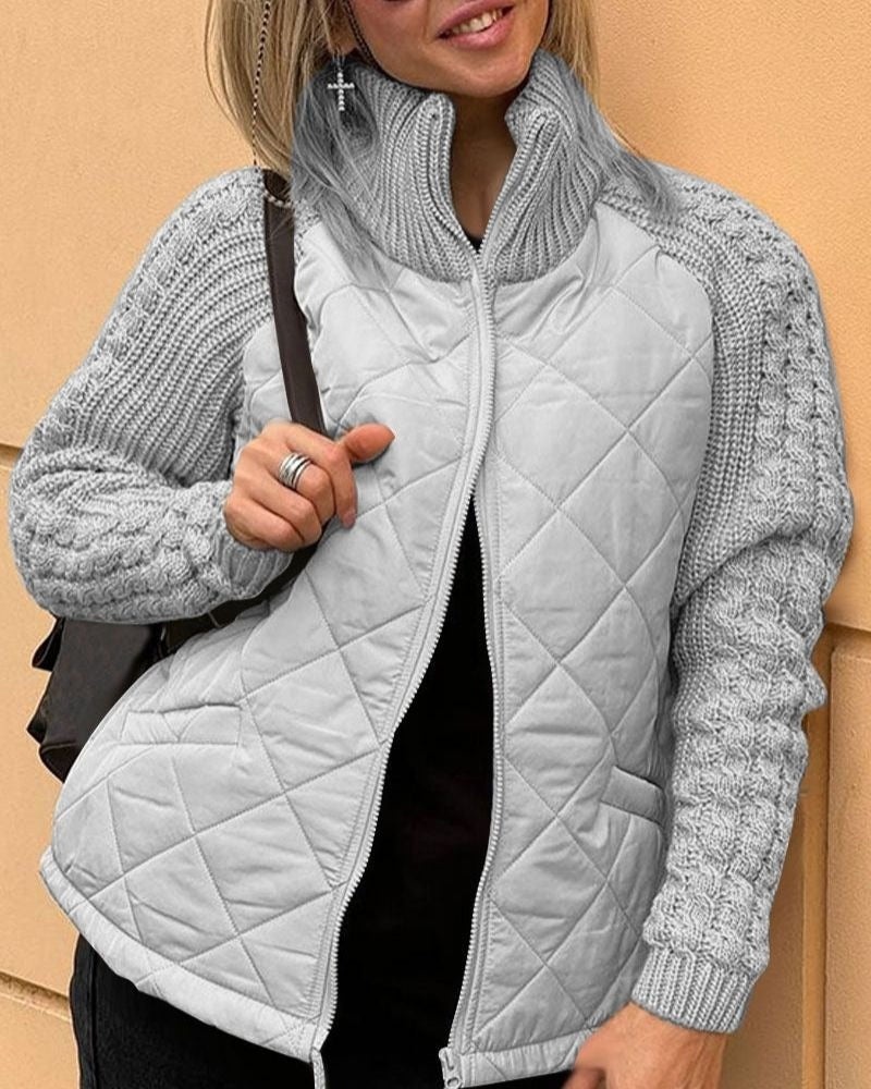 Women's quilted jacket with a high collar and textured sleeves | L&S - 3 - London-stylehouse.com