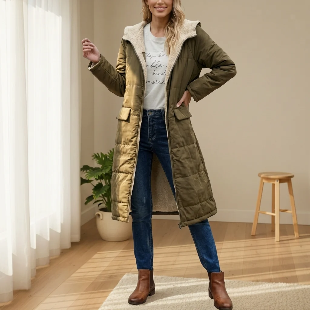 Long women's puffer jacket with hood and cosy fleece lining | L&S - 8 - London-stylehouse.com
