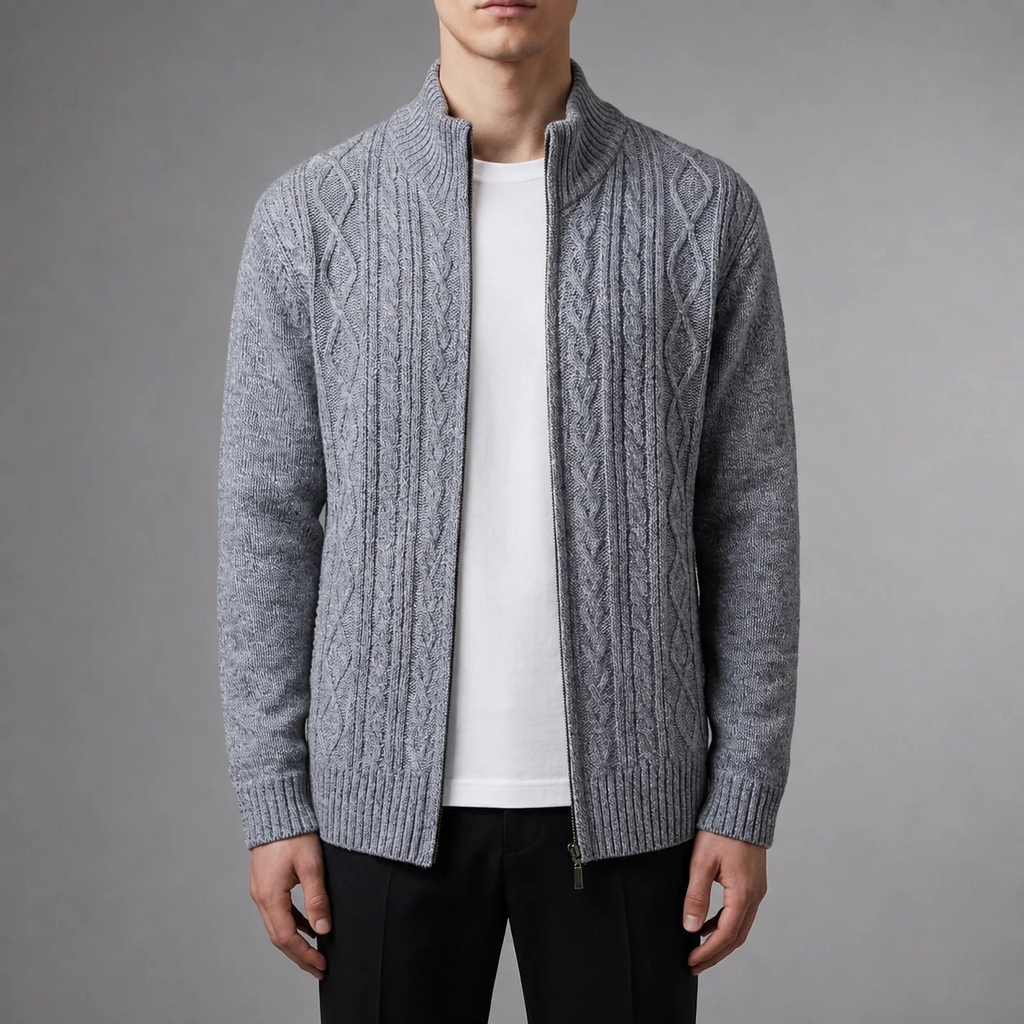 Men's Cable Knit Jacket with Stand-Up Collar | L&S - 5 - London-stylehouse.com
