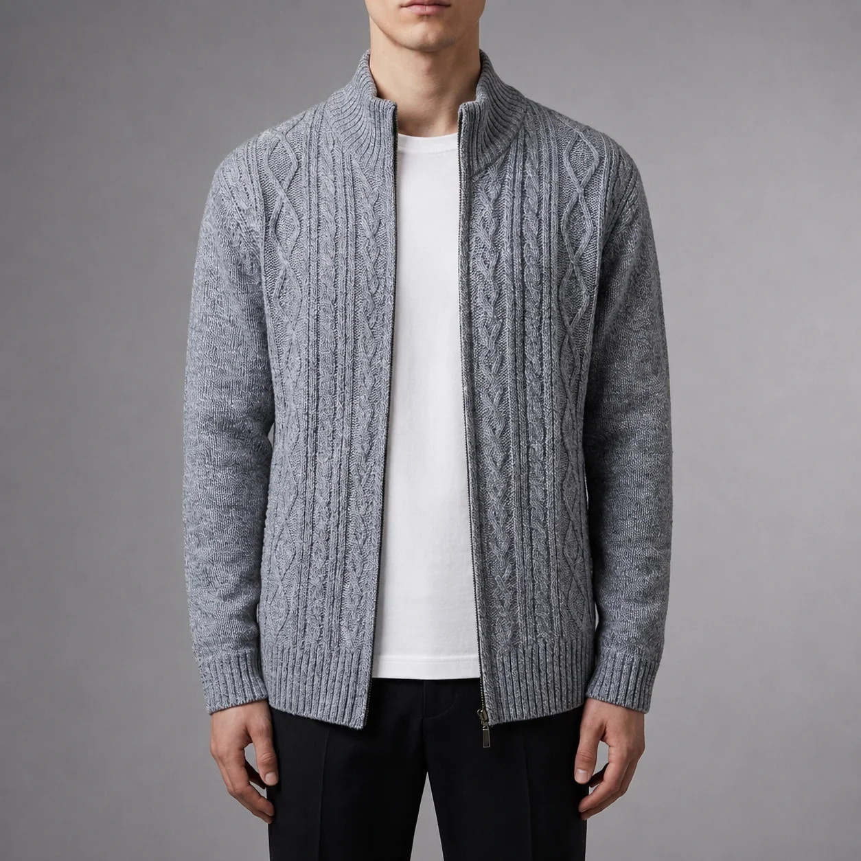 Men's Cable Knit Jacket with Stand-Up Collar | L&S - 5 - London-stylehouse.com