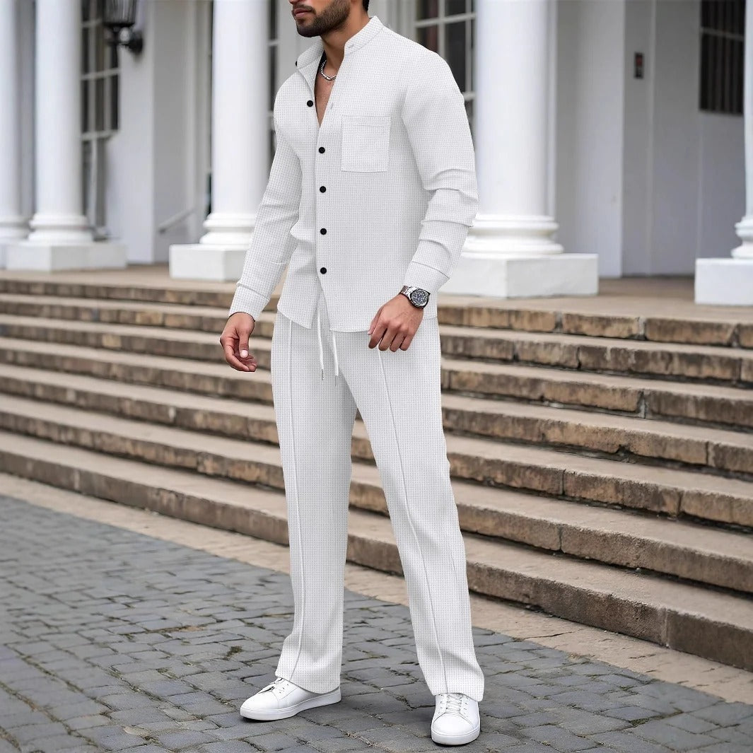 Men's Two-Piece Set with Button Placket and Tailored Trousers | L&S - 6 - London-stylehouse.com