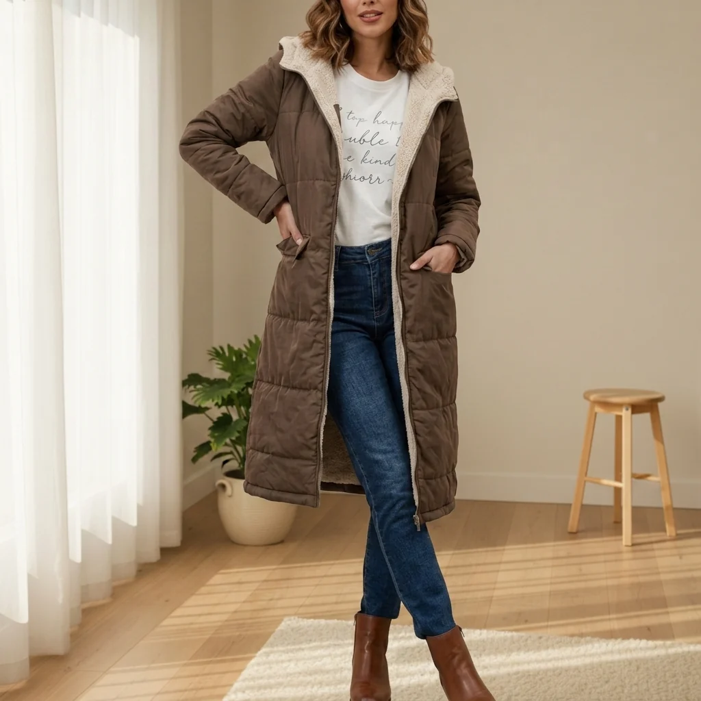 Long women's puffer jacket with hood and cosy fleece lining | L&S - 9 - London-stylehouse.com