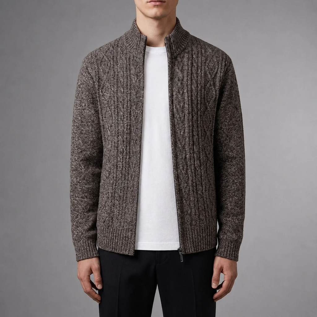 Men's Cable Knit Jacket with Stand-Up Collar | L&S - 2 - London-stylehouse.com