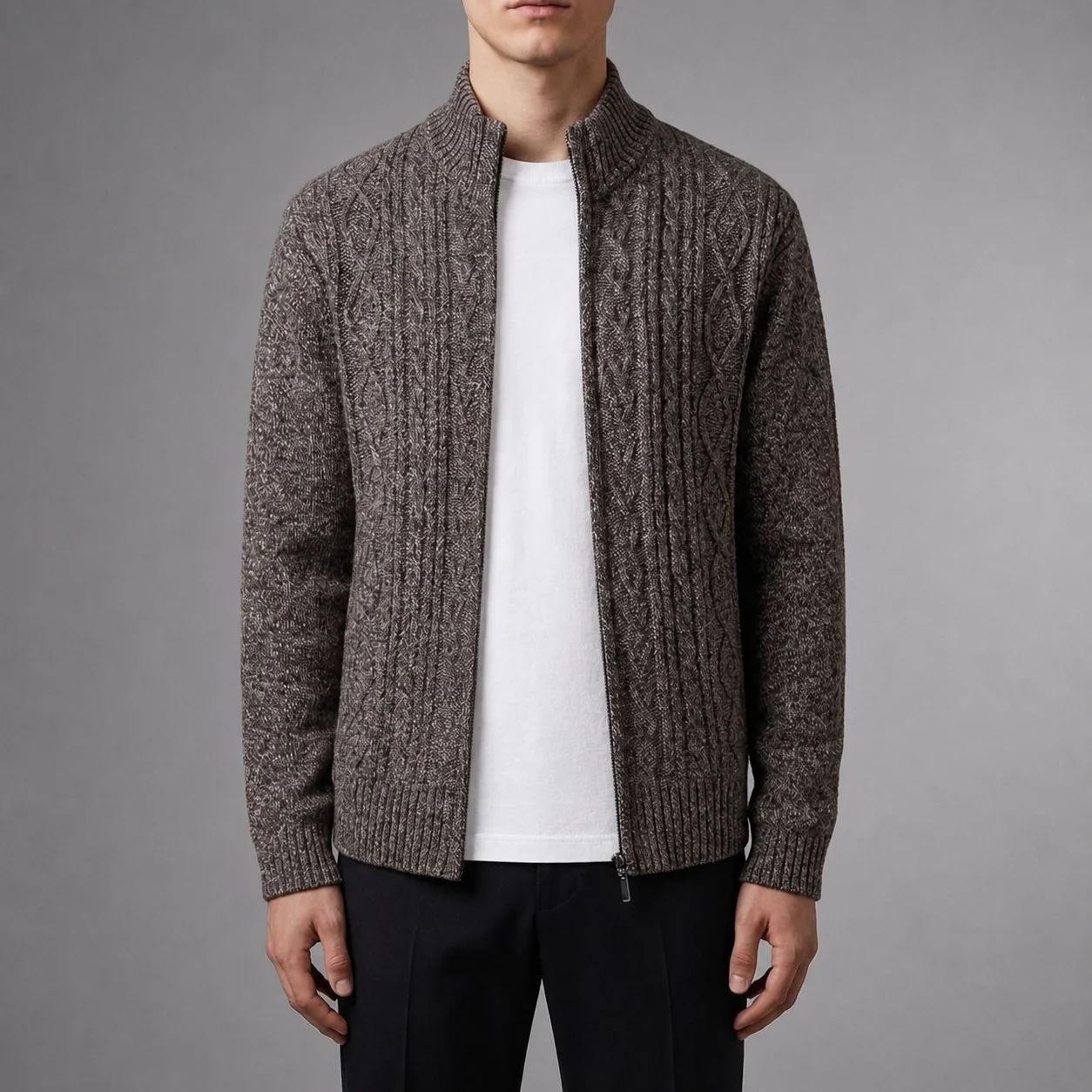 Men's Cable Knit Jacket with Stand-Up Collar | L&S - 2 - London-stylehouse.com