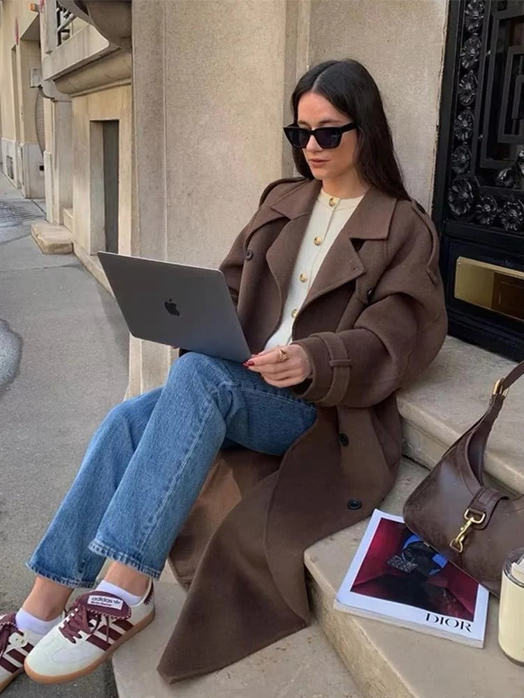 Long women's coat with a relaxed fit and double-breasted design | L&S - 5 - London-stylehouse.com