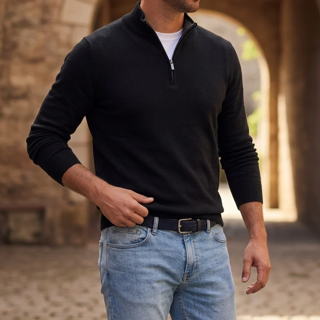Men's zip-up sweater in textured finish | L&S - 2 - London-stylehouse.com