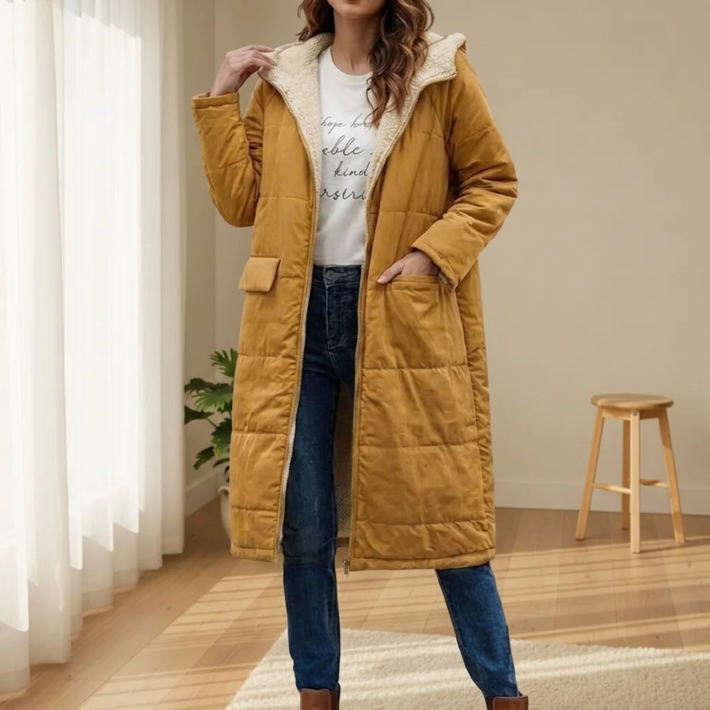 Long women's puffer jacket with hood and cosy fleece lining | L&S - 10 - London-stylehouse.com