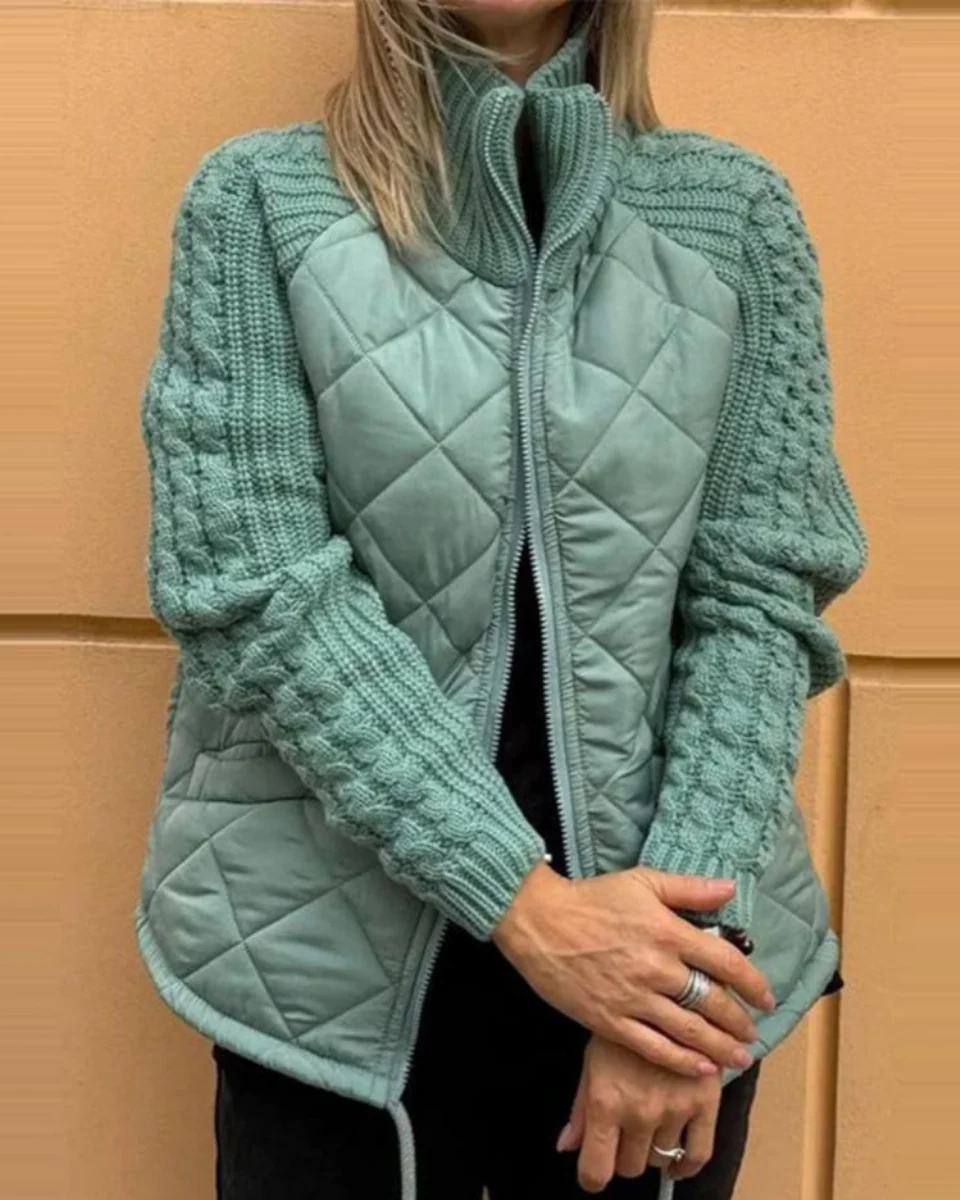 Women's quilted jacket with a high collar and textured sleeves | L&S - 5 - London-stylehouse.com