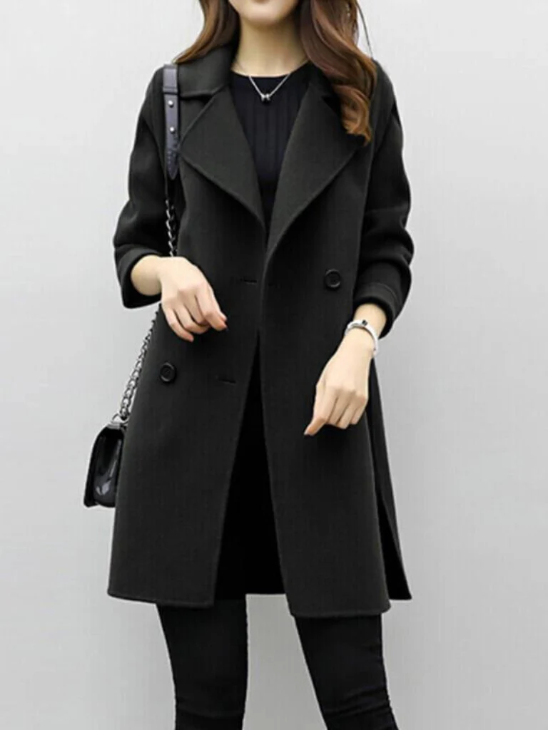 Women's Double-Breasted Coat with Oversized Lapels | L&S - 3 - London-stylehouse.com