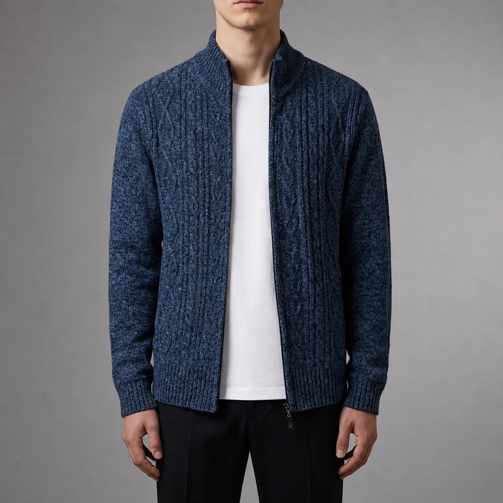Men's Cable Knit Jacket with Stand-Up Collar | L&S - 1 - London-stylehouse.com