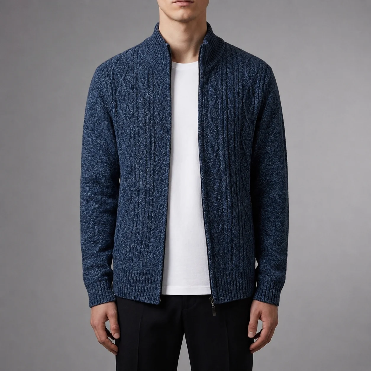 Men's Cable Knit Jacket with Stand-Up Collar | L&S - 1 - London-stylehouse.com