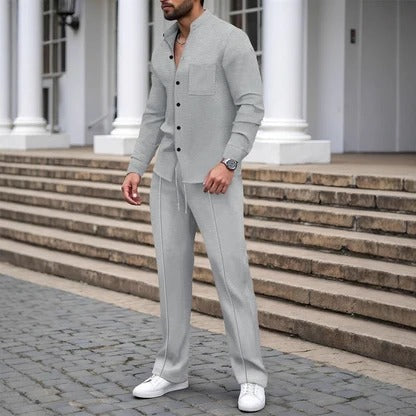 Men's Two-Piece Set with Button Placket and Tailored Trousers | L&S - 3 - London-stylehouse.com