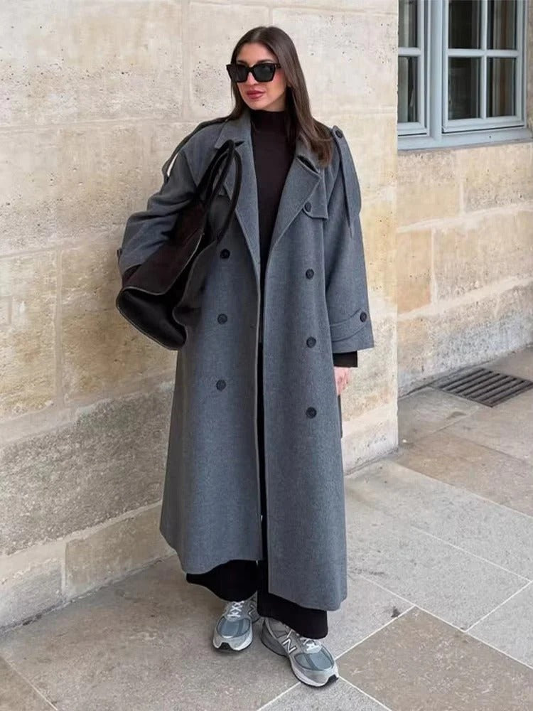 Long women's coat with a relaxed fit and double-breasted design | L&S - 3 - London-stylehouse.com
