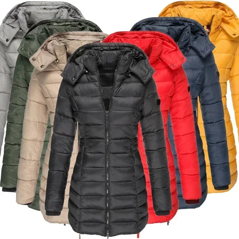 Long women’s down jacket with hood and zip - J&B; - 1 - London-stylehouse.com