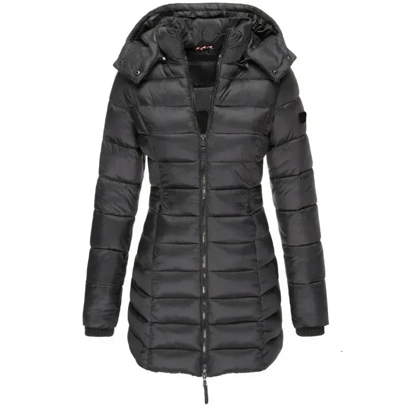 Long women’s down jacket with hood and zip - J&B; - 5 - London-stylehouse.com