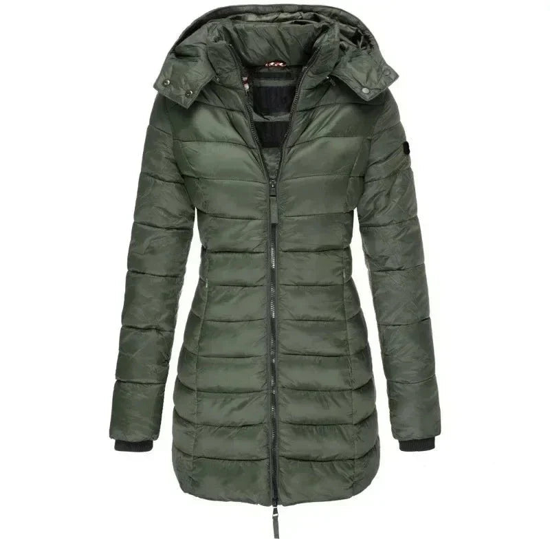 Long women’s down jacket with hood and zip - J&B; - 7 - London-stylehouse.com