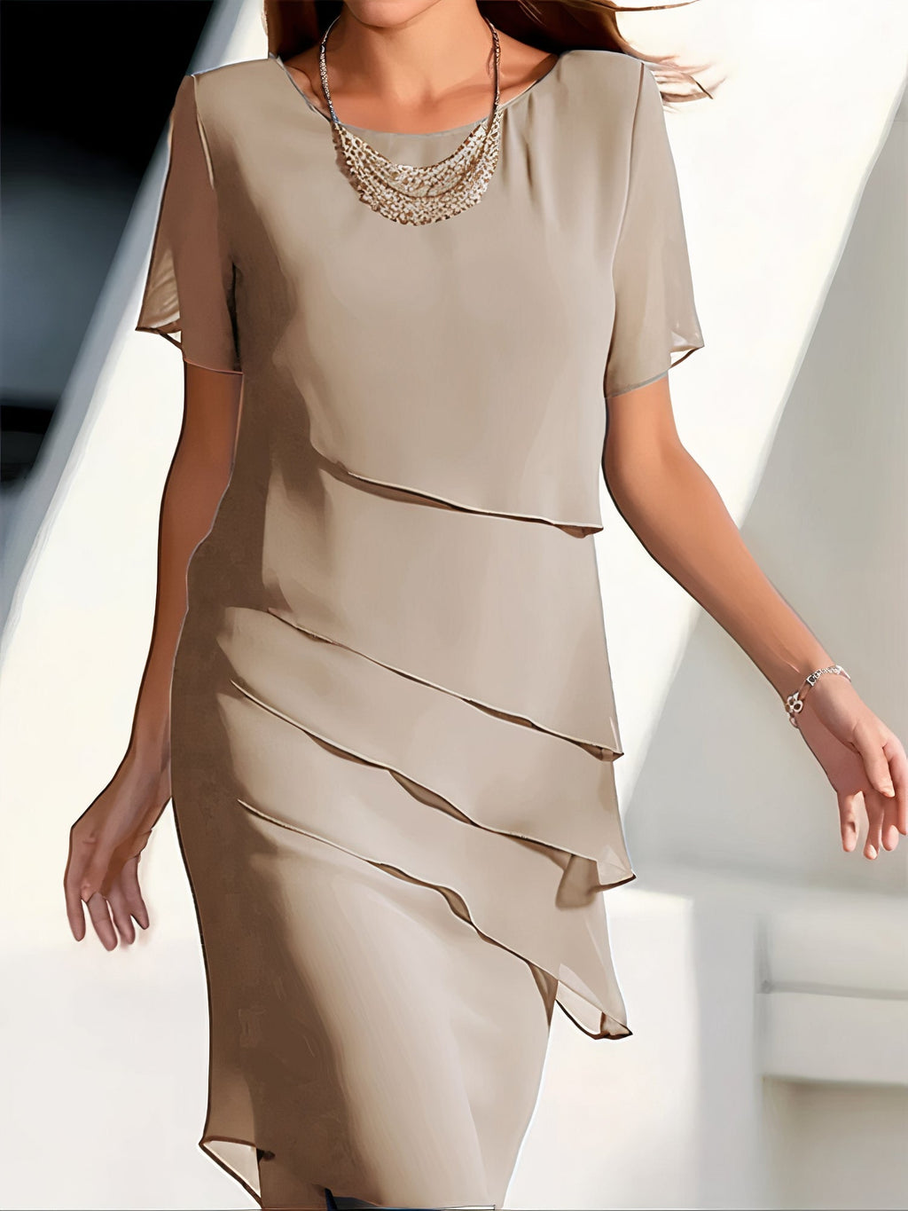 María – Elegant Layered Chiffon Midi Dress for Women