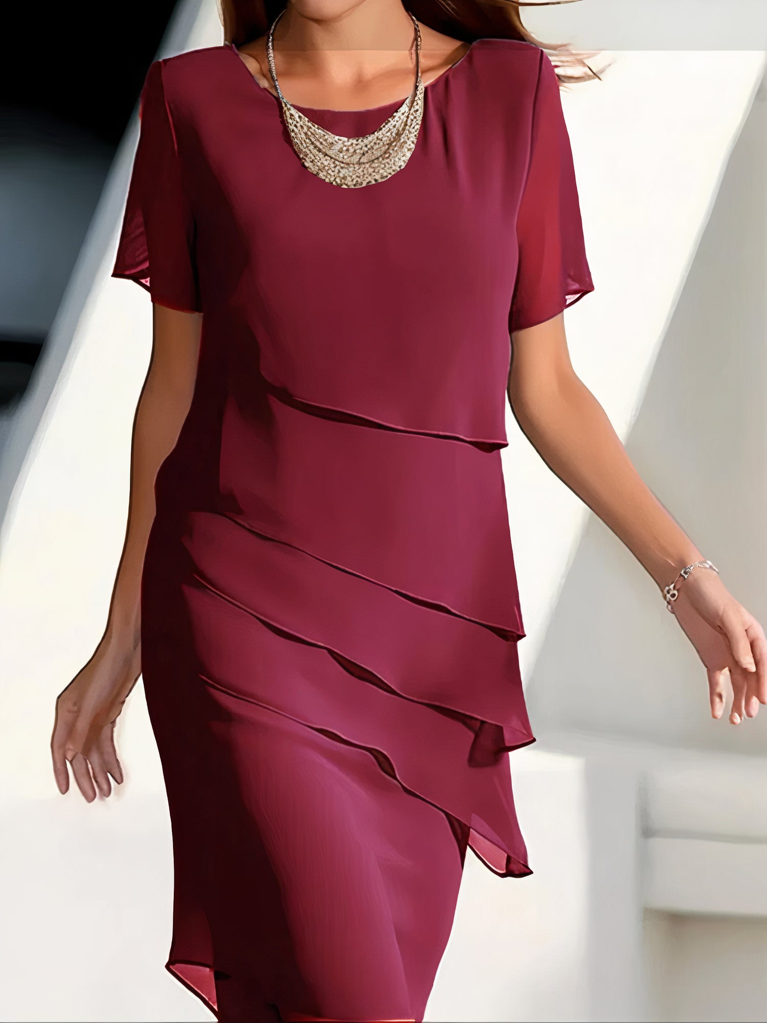 María – Elegant Layered Chiffon Midi Dress for Women