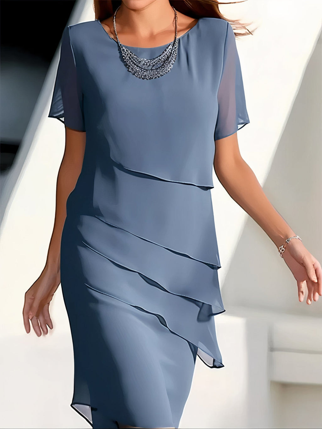 María – Elegant Layered Chiffon Midi Dress for Women