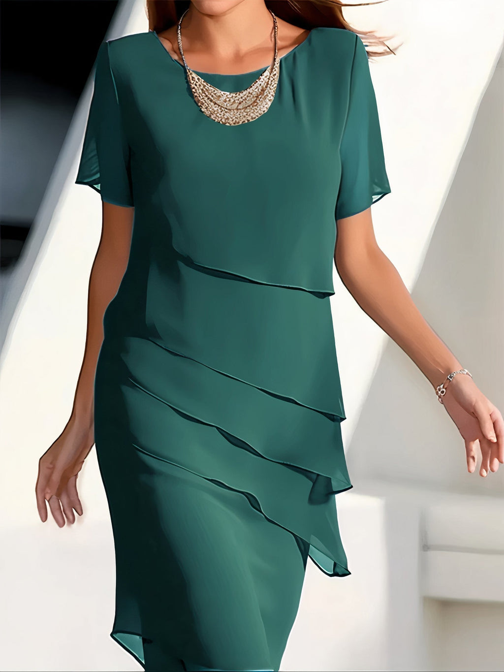 María – Elegant Layered Chiffon Midi Dress for Women