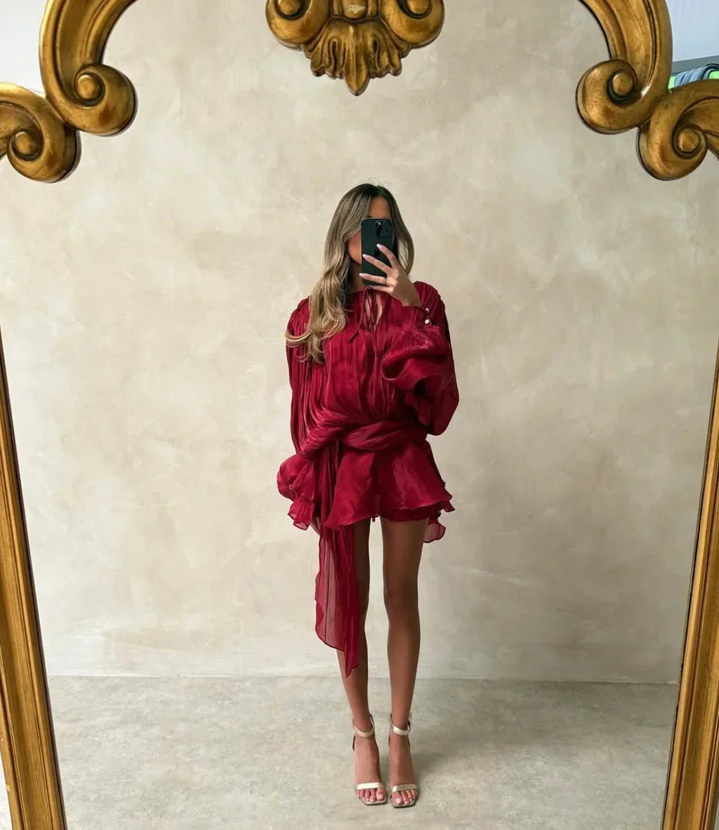 Stefanie – Elegant Puff Sleeves with Pleats Dress - Image 7