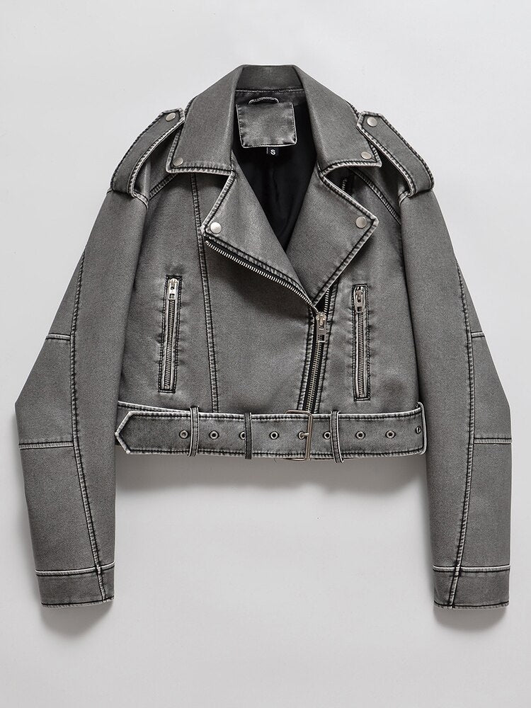 Short women’s motorbike jacket with a belt at the waist - 1 - London-stylehouse.com