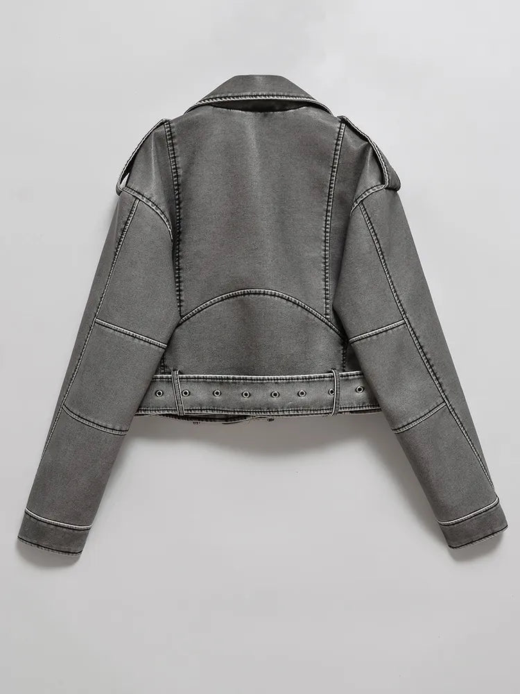 Short women’s motorbike jacket with a belt at the waist - 2 - London-stylehouse.com