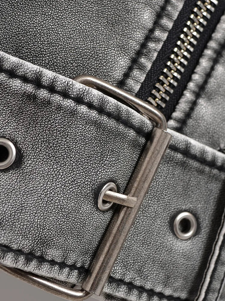 Short women’s motorbike jacket with a belt at the waist - 5 - London-stylehouse.com