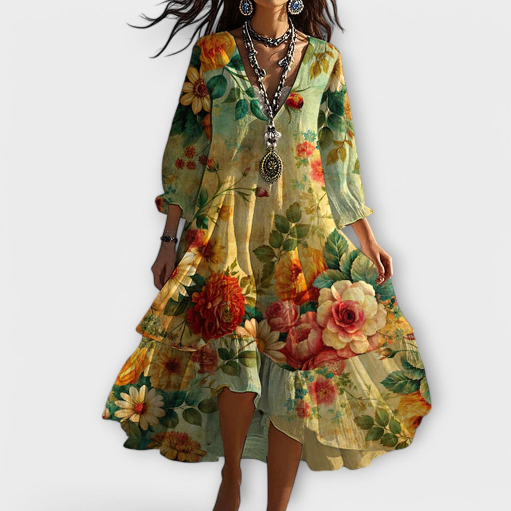 Stefanie – Floral V-Neck 3/4 Sleeve Dress - Image 1