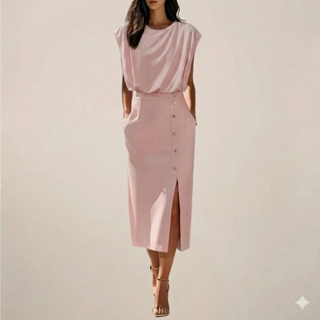 Emilia – Elegant Midi Dress with Button Detail and Side Slit