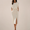 Emilia – Elegant Midi Dress with Button Detail and Side Slit
