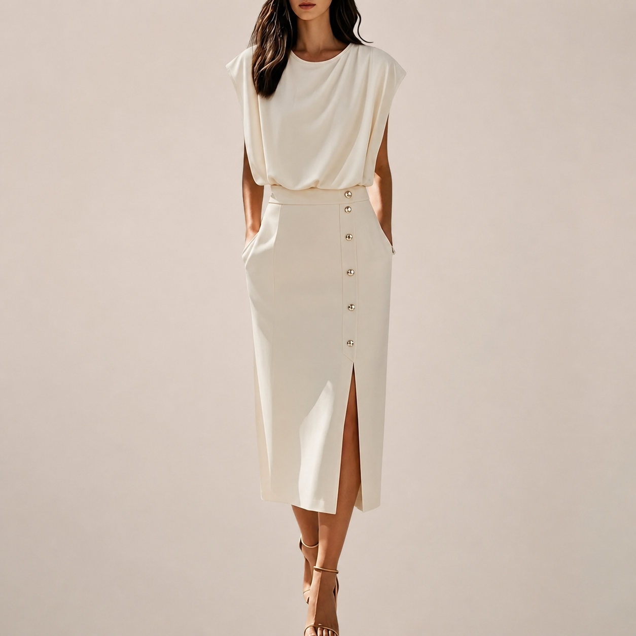 Emilia – Elegant Midi Dress with Button Detail and Side Slit