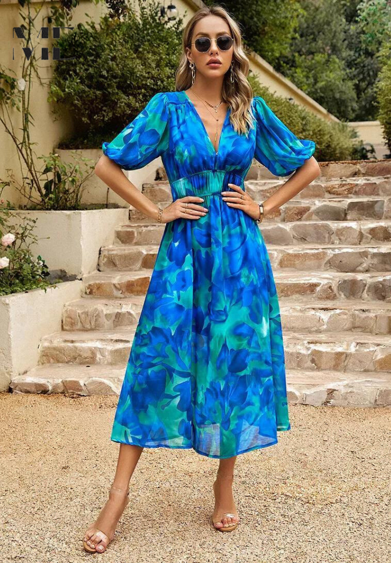 Yvonne – Women Floral V Neck Midi Dress - Image 2