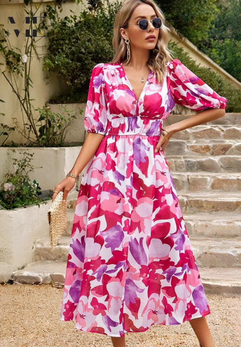 Yvonne – Women Floral V Neck Midi Dress - Image 3