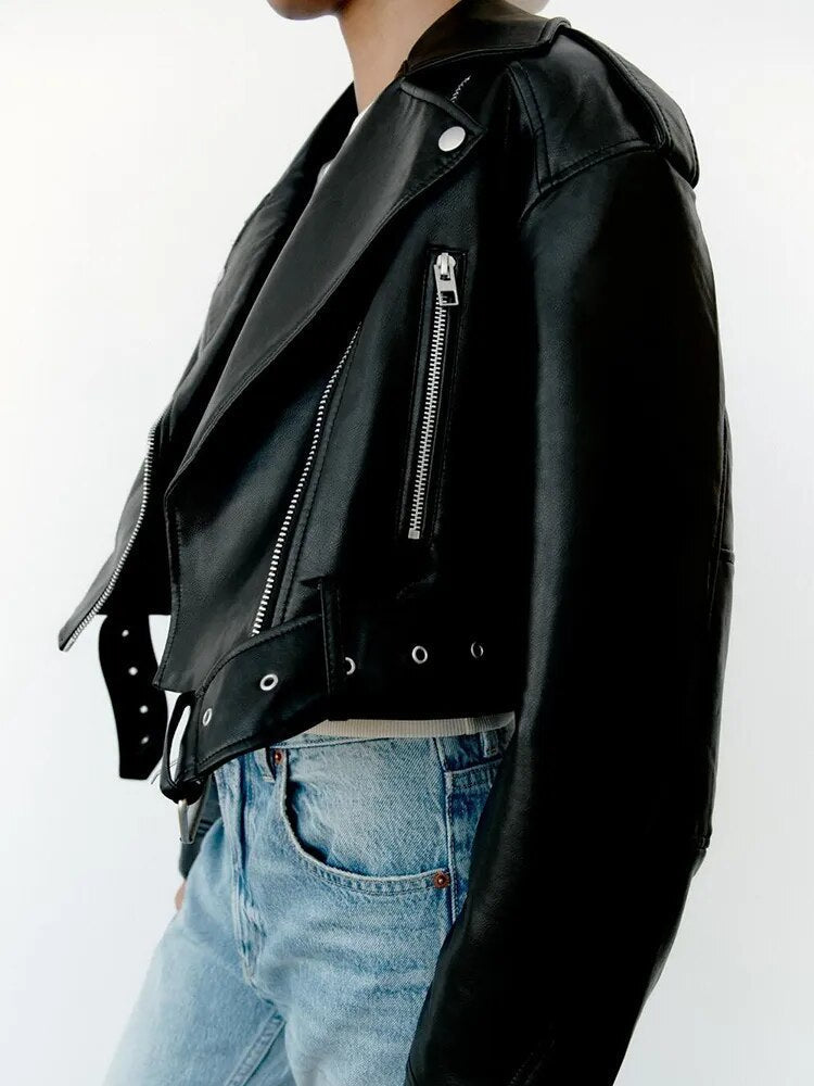 Women’s cropped biker jacket with a belt at the waist - J&B; - 1 - London-stylehouse.com