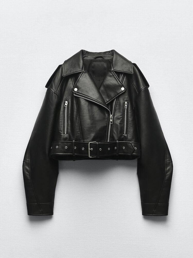 Women’s cropped biker jacket with a belt at the waist - J&B; - 2 - London-stylehouse.com