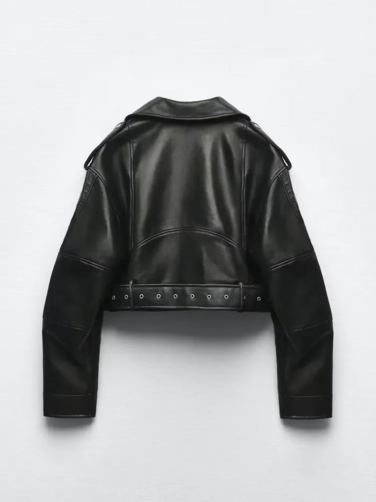 Women’s cropped biker jacket with a belt at the waist - J&B; - 3 - London-stylehouse.com